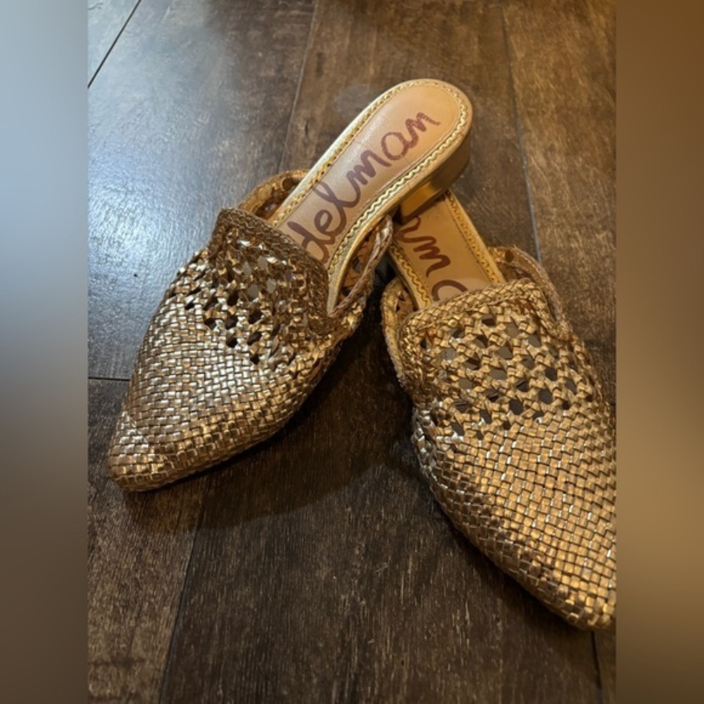 Sam Edelman Clara Metallic Gold Mules Woven Pointy